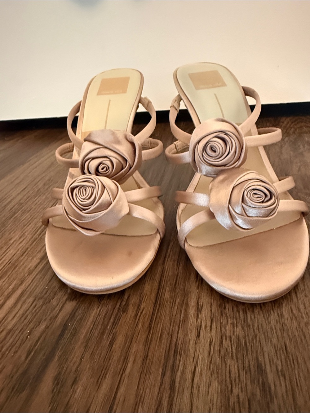 Dolce Vita Blush Satin Rose-Accent Strappy Heels